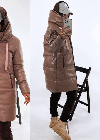 Коричневая женский зимний пуховик экокожа xs-s м-l xl-2xl (42-44 46-48 50-52) теплая куртка мокко No Brand
