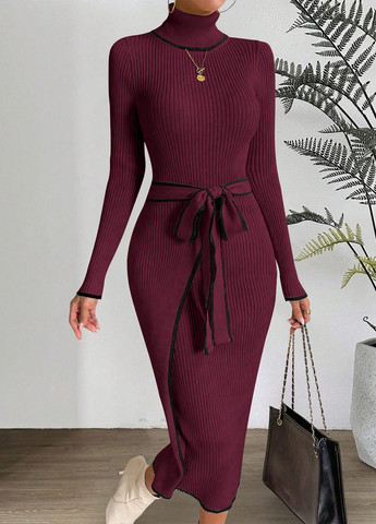 Бордова кежуал сукня на запах, сукня светр SHEIN однотонна