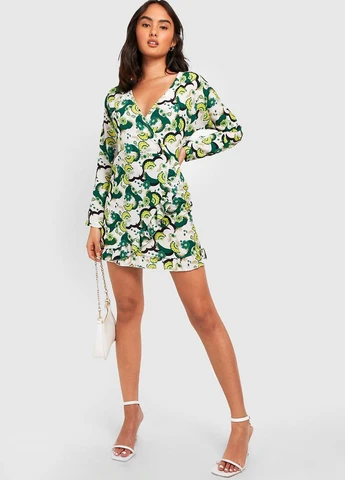 Комбинированное кэжуал платье на запах Boohoo с цветочным принтом