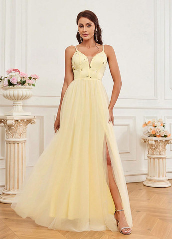 Светло-желтое праздничный, вечернее платье в стиле ампир SHEIN однотонное