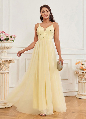 Светло-желтое праздничный, вечернее платье в стиле ампир SHEIN однотонное