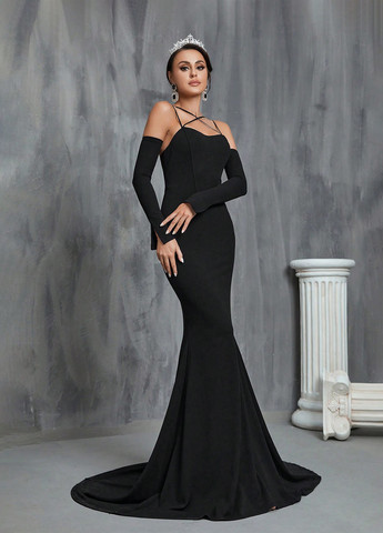 Черное вечернее, праздничный платье годе, с открытыми плечами SHEIN однотонное