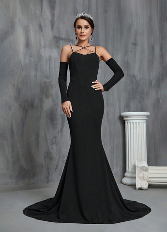 Черное вечернее, праздничный платье годе, с открытыми плечами SHEIN однотонное