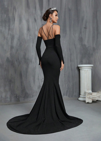 Черное вечернее, праздничный платье годе, с открытыми плечами SHEIN однотонное