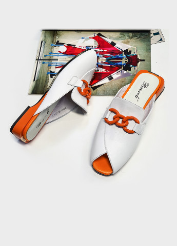 Белые мюли стильные женские на удобном каблуке кожаные бело-оранжевые 41 Brocoli
