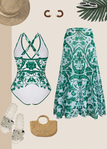 Смарагдовий літній комплект (купальник, спідниця) суцільний, майо SHEIN