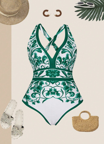 Смарагдовий літній комплект (купальник, спідниця) суцільний, майо SHEIN