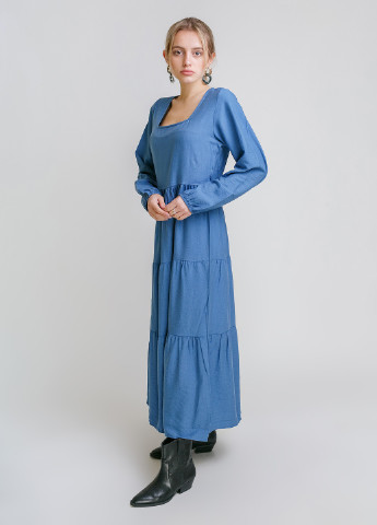 Синее кэжуал длинное платье с объемными рукавами Crep однотонное