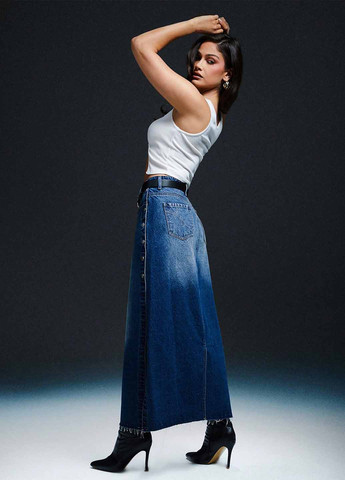 Синяя джинсовая однотонная юбка SHEIN а-силуэта (трапеция)