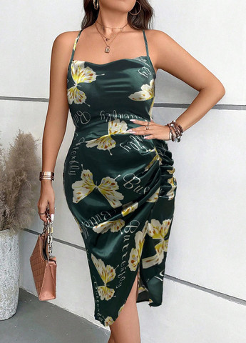 Темно-зелена кежуал сукня з відкритою спиною SHEIN метелики