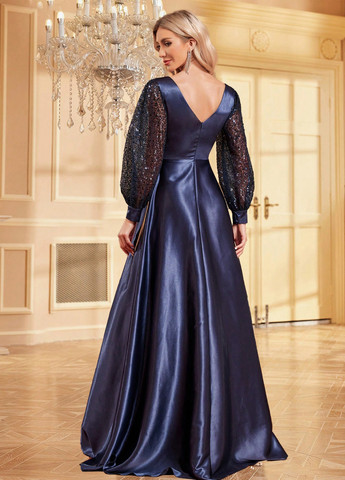 Темно-синя кежуал сукня кльош, на запах SHEIN однотонна