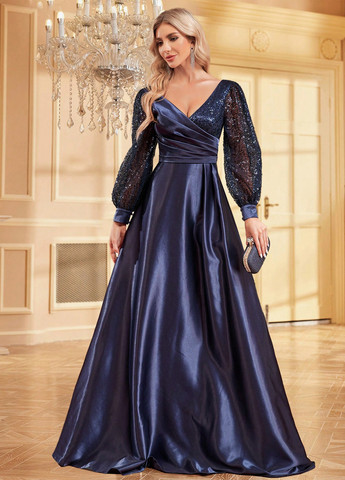 Темно-синя кежуал сукня кльош, на запах SHEIN однотонна