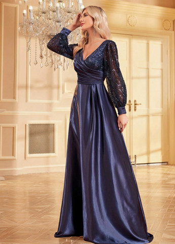 Темно-синя кежуал сукня кльош, на запах SHEIN однотонна