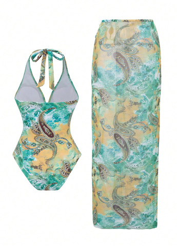 Комбинированный летний комплект (купальник, парео) слитный, халтер SHEIN