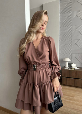 Темно-бежева кежуал сукня кльош, на запах No Brand однотонна