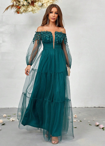 Зеленое вечернее платье с открытыми плечами SHEIN однотонное