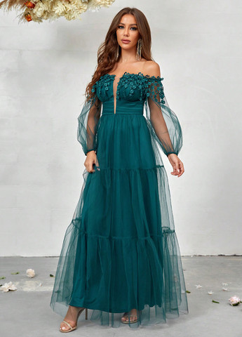 Зеленое вечернее платье с открытыми плечами SHEIN однотонное