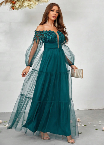 Зеленое вечернее платье с открытыми плечами SHEIN однотонное