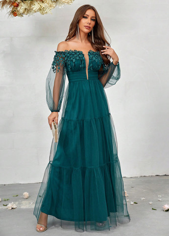 Зеленое вечернее платье с открытыми плечами SHEIN однотонное