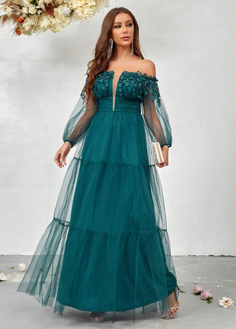 Зеленое вечернее платье с открытыми плечами SHEIN однотонное