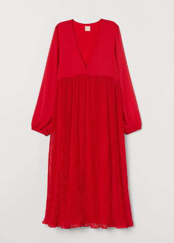 Красное кэжуал платье плиссированное, в стиле ампир H&M однотонное