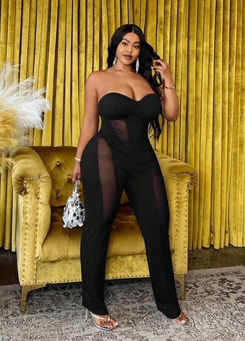 Комбінезон SHEIN комбінезон-брюки однотонний чорний вечірній, відвертий поліестер