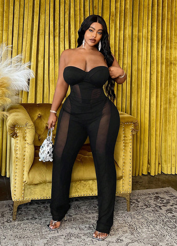 Комбінезон SHEIN комбінезон-брюки однотонний чорний вечірній, відвертий поліестер