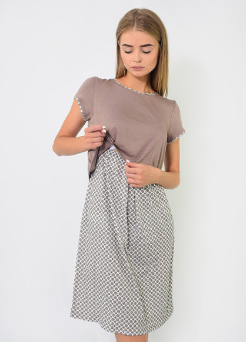 Бежевое домашнее платье для кормящих платье-футболка NEL с геометрическим узором