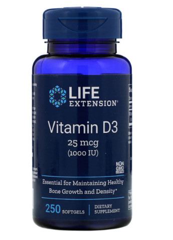 Вітамін D3, Vitamin D3,, 25 мкг (1000 МО), 250 гелевих капсул Life Extension (228293317)