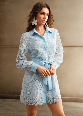 Светло-голубое вечернее, кэжуал платье рубашка SHEIN однотонное