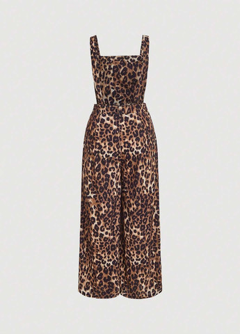 Комбинезон SHEIN комбинезон-брюки леопардовый светло-коричневый кэжуал полиэстер, вельвет