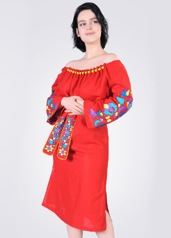 Платье вышиванка с большими бусинами Egostyle цветочная красная лен