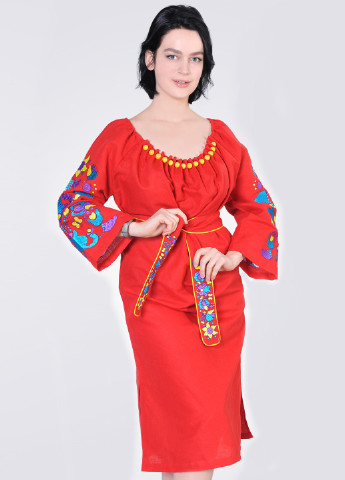 Платье вышиванка с большими бусинами Egostyle цветочная красная лен