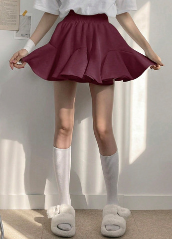 Бордовая кэжуал однотонная юбка SHEIN клешированная-солнце