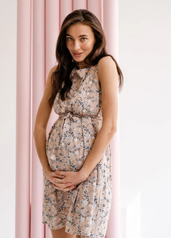 Бежевое кэжуал сдержанное платье для беременных и кормящих с секретом для кормления бежевое To Be с цветочным принтом