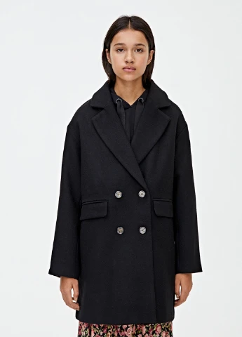 Чорне демісезонне Пальто двобортне Pull & Bear