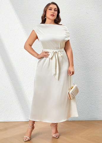 Молочное вечернее платье клеш, на одно плечо SHEIN однотонное