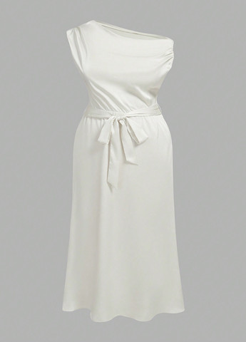 Молочное вечернее платье клеш, на одно плечо SHEIN однотонное