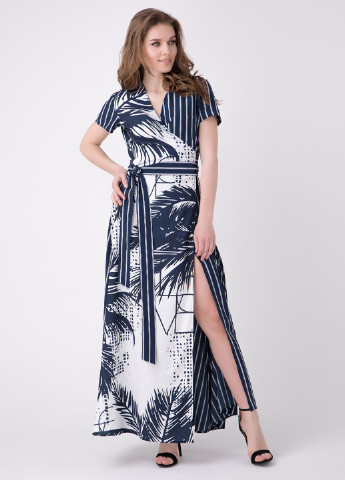 Темно-синее кэжуал платье на запах RicaMare с абстрактным узором