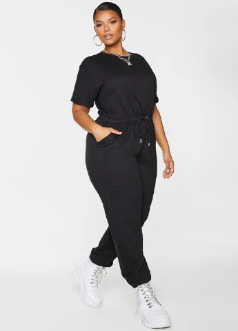Комбинезон PrettyLittleThing комбинезон-брюки однотонный чёрный кэжуал хлопок, полиэстер, трикотаж