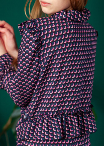 Темно-синее коктейльное платье на запах MaCo exclusive с геометрическим узором