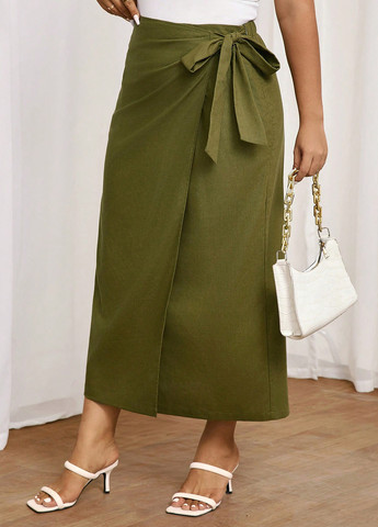 Оливковая кэжуал однотонная юбка SHEIN на запах