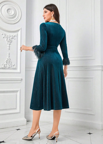 Морської хвилі вечірня сукня на запах, кльош SHEIN однотонна