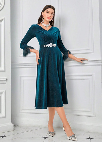 Морської хвилі вечірня сукня на запах, кльош SHEIN однотонна