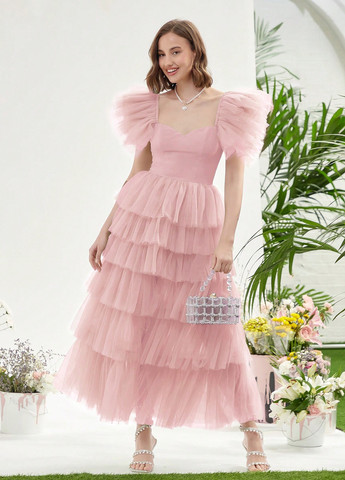 Світло-рожева коктейльна, вечірня, святковий сукня пачка, зі шлейфом, з відкритою спиною SHEIN однотонна