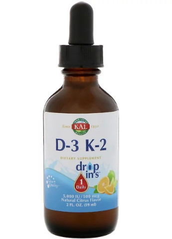 Витамин D3+K2, Vitamin D-3 K-2 Drop,, цитрусовый вкус, 59 мл. KAL (228292820)