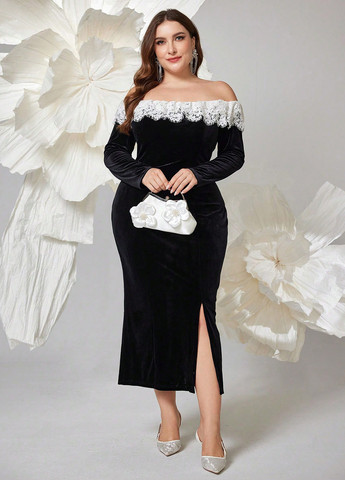 Черное праздничный, вечернее, кэжуал платье а-силуэт SHEIN однотонное