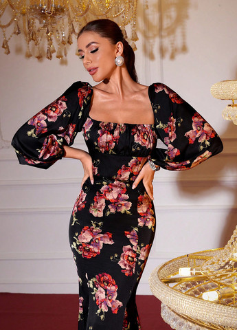 Черное вечернее платье годе, футляр SHEIN с цветочным принтом