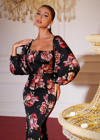 Черное вечернее платье годе, футляр SHEIN с цветочным принтом