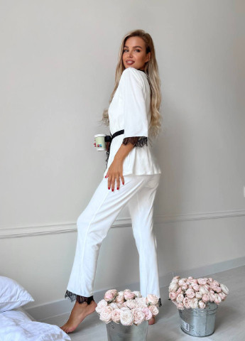 Белая всесезон пижама тройка рубашка + топ + брюки Garna